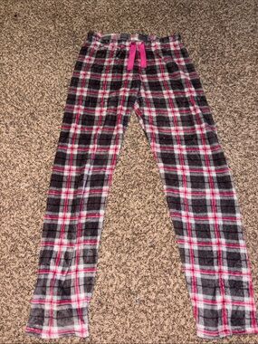 Cozy Gray Plaid Fuzzy Wide Leg Pajama Pants with Pink Accent